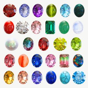 12ヶ月の誕生石(29種類)のルースを並べた画像。