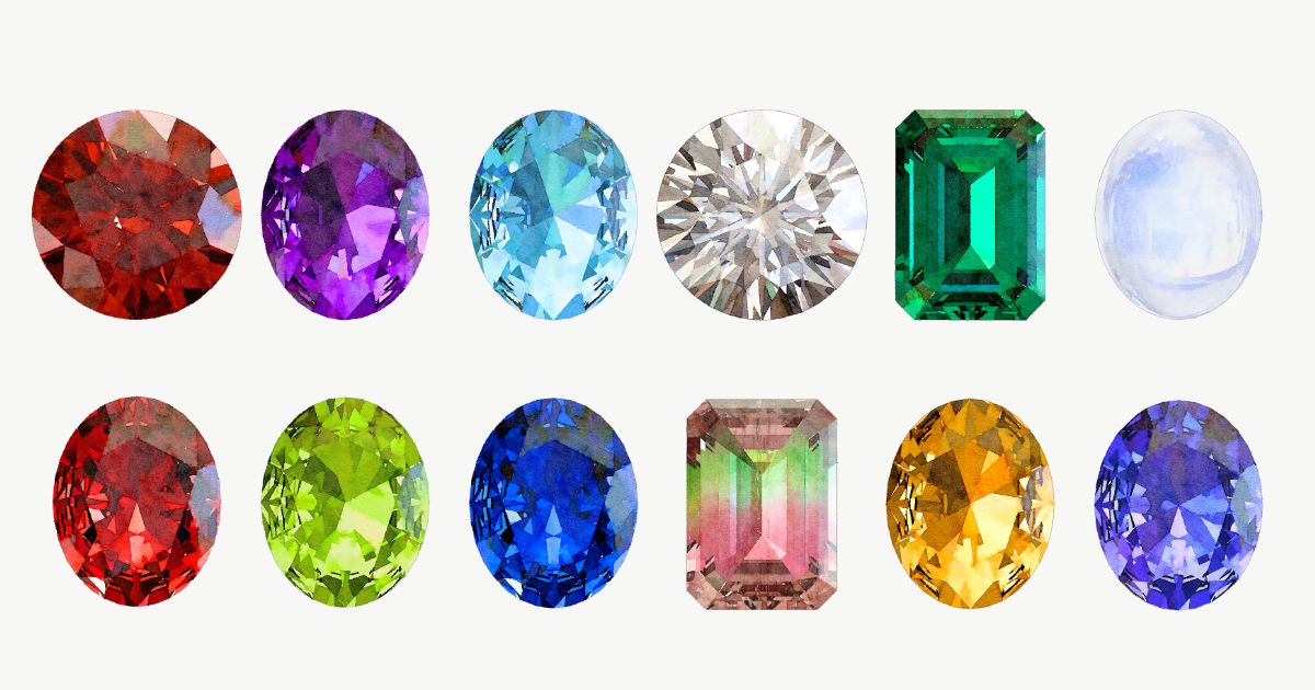 ガーネットからタンザナイトまで、ハワイアンジュエリーMaxiで選べる12種類の誕生石ルース(裸石)が並ぶ一覧画像。